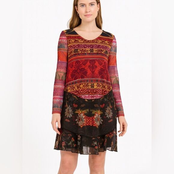 Desigual Tiered Layered Long Sleeve Dress Multicolor Print NWT Size S - Picture 4 of 13